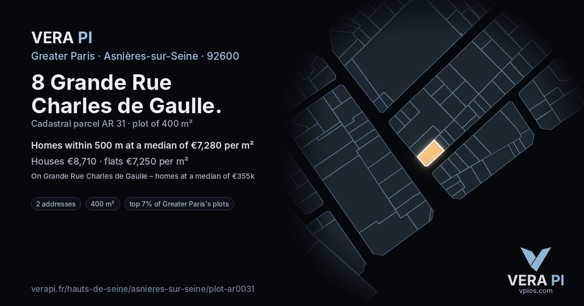 8 Grande Rue Charles de Gaulle, Asnières-sur-Seine at night – the plot lit, the parcels around coloured by the prices near them