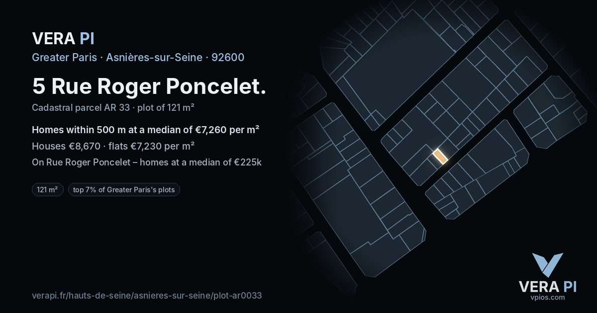 5 Rue Roger Poncelet, Asnières-sur-Seine at night – the plot lit, the parcels around coloured by the prices near them