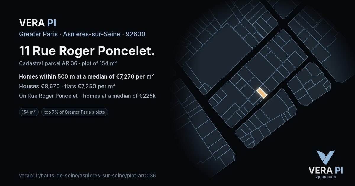11 Rue Roger Poncelet, Asnières-sur-Seine at night – the plot lit, the parcels around coloured by the prices near them
