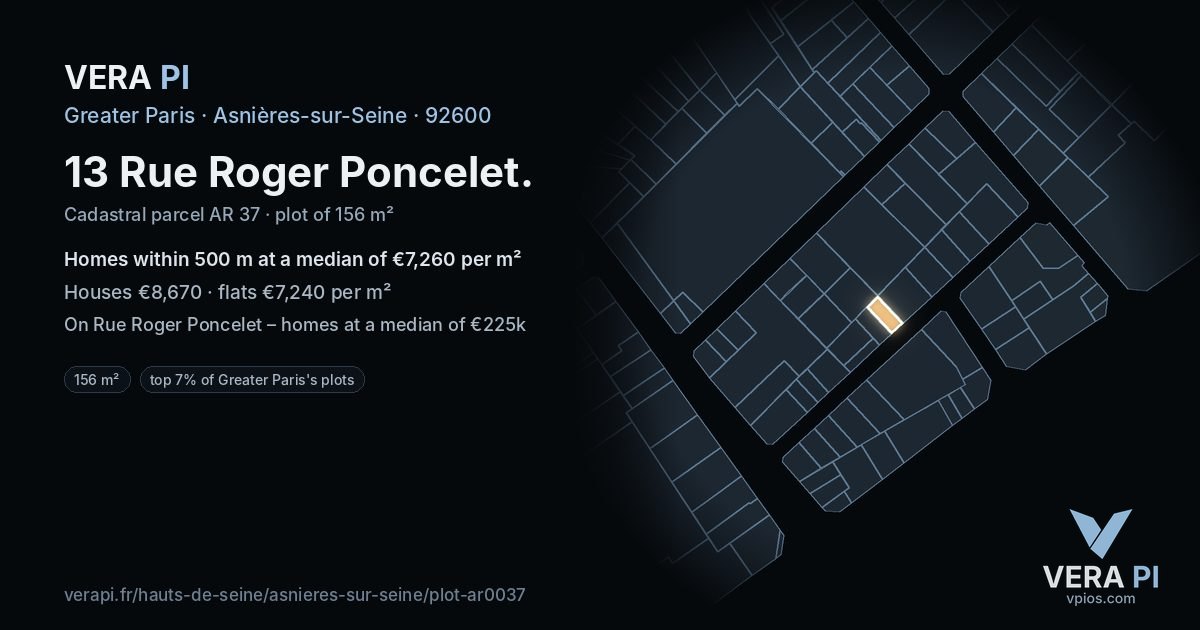 13 Rue Roger Poncelet, Asnières-sur-Seine at night – the plot lit, the parcels around coloured by the prices near them