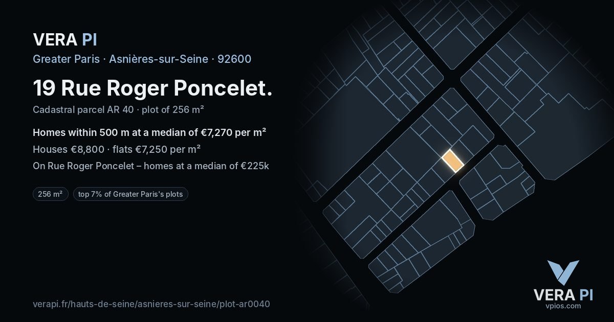 19 Rue Roger Poncelet, Asnières-sur-Seine at night – the plot lit, the parcels around coloured by the prices near them