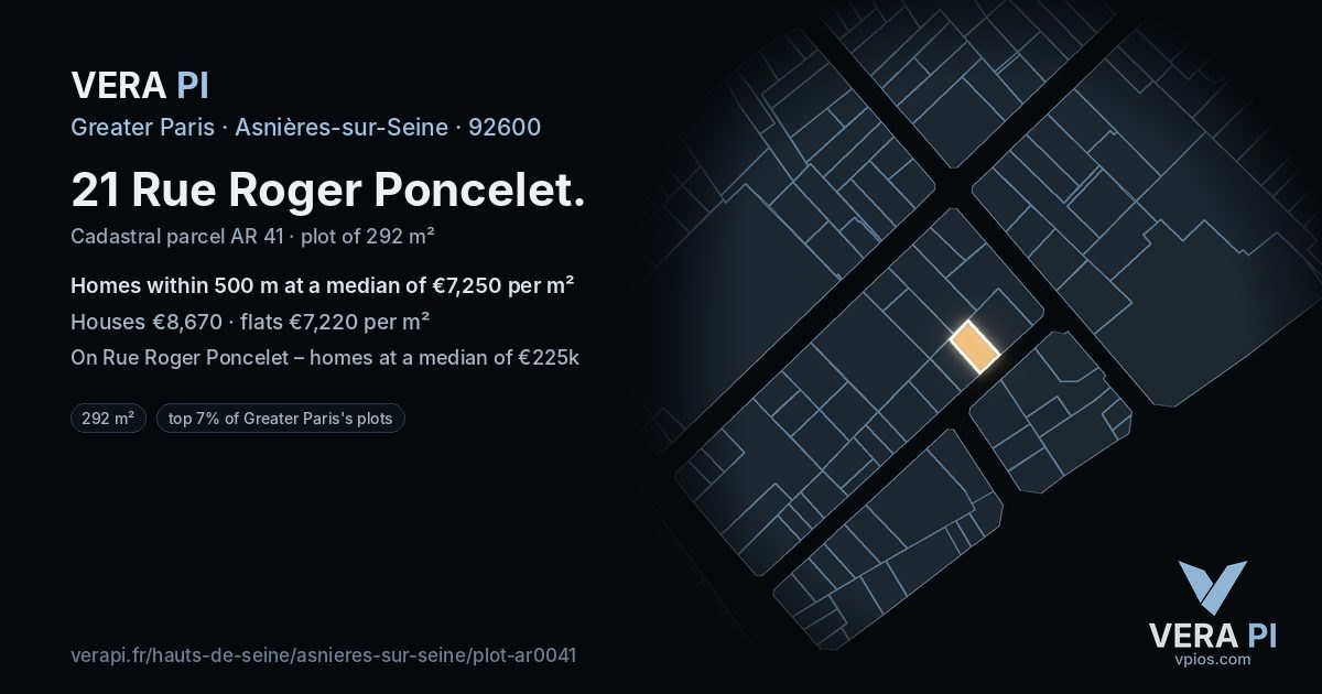 21 Rue Roger Poncelet, Asnières-sur-Seine at night – the plot lit, the parcels around coloured by the prices near them