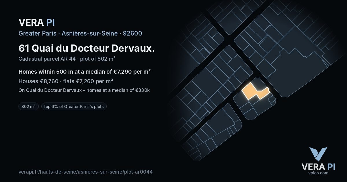 61 Quai du Docteur Dervaux, Asnières-sur-Seine at night – the plot lit, the parcels around coloured by the prices near them