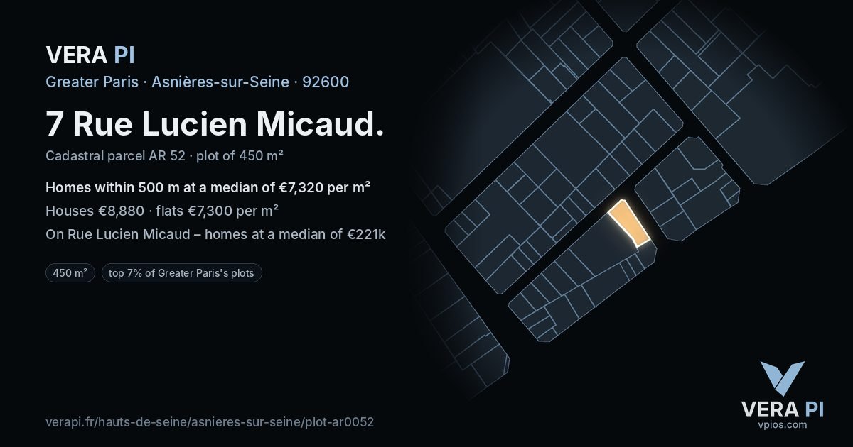 7 Rue Lucien Micaud, Asnières-sur-Seine at night – the plot lit, the parcels around coloured by the prices near them
