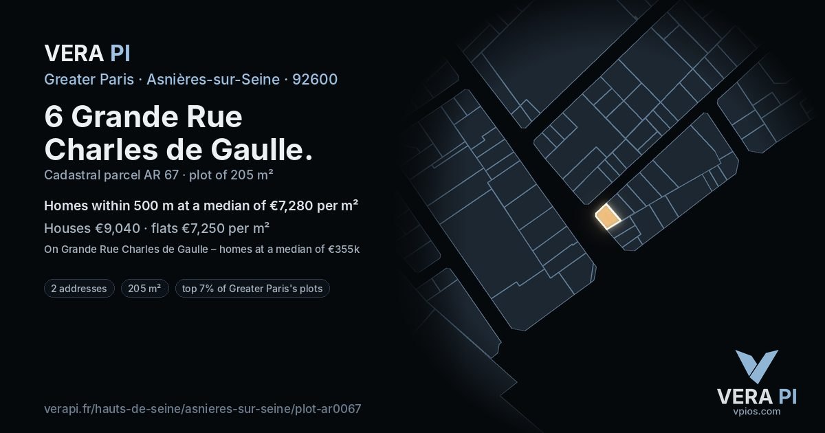 6 Grande Rue Charles de Gaulle, Asnières-sur-Seine at night – the plot lit, the parcels around coloured by the prices near them