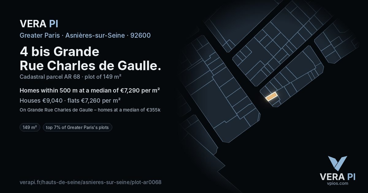 4 bis Grande Rue Charles de Gaulle, Asnières-sur-Seine at night – the plot lit, the parcels around coloured by the prices near them