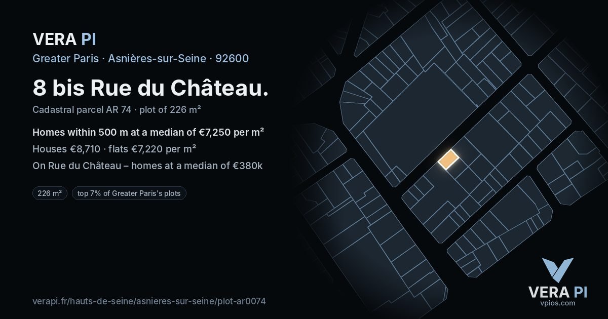 8 bis Rue du Château, Asnières-sur-Seine at night – the plot lit, the parcels around coloured by the prices near them