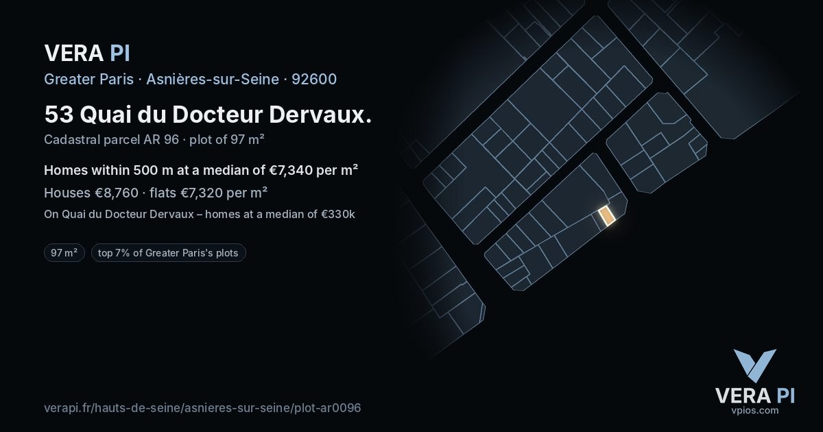 53 Quai du Docteur Dervaux, Asnières-sur-Seine at night – the plot lit, the parcels around coloured by the prices near them