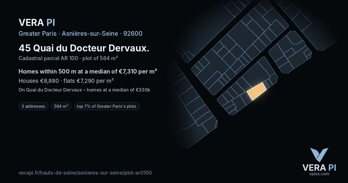 45 Quai du Docteur Dervaux, Asnières-sur-Seine at night – the plot lit, the parcels around coloured by the prices near them