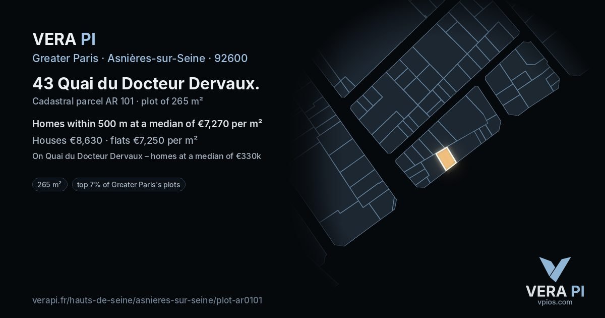 43 Quai du Docteur Dervaux, Asnières-sur-Seine at night – the plot lit, the parcels around coloured by the prices near them