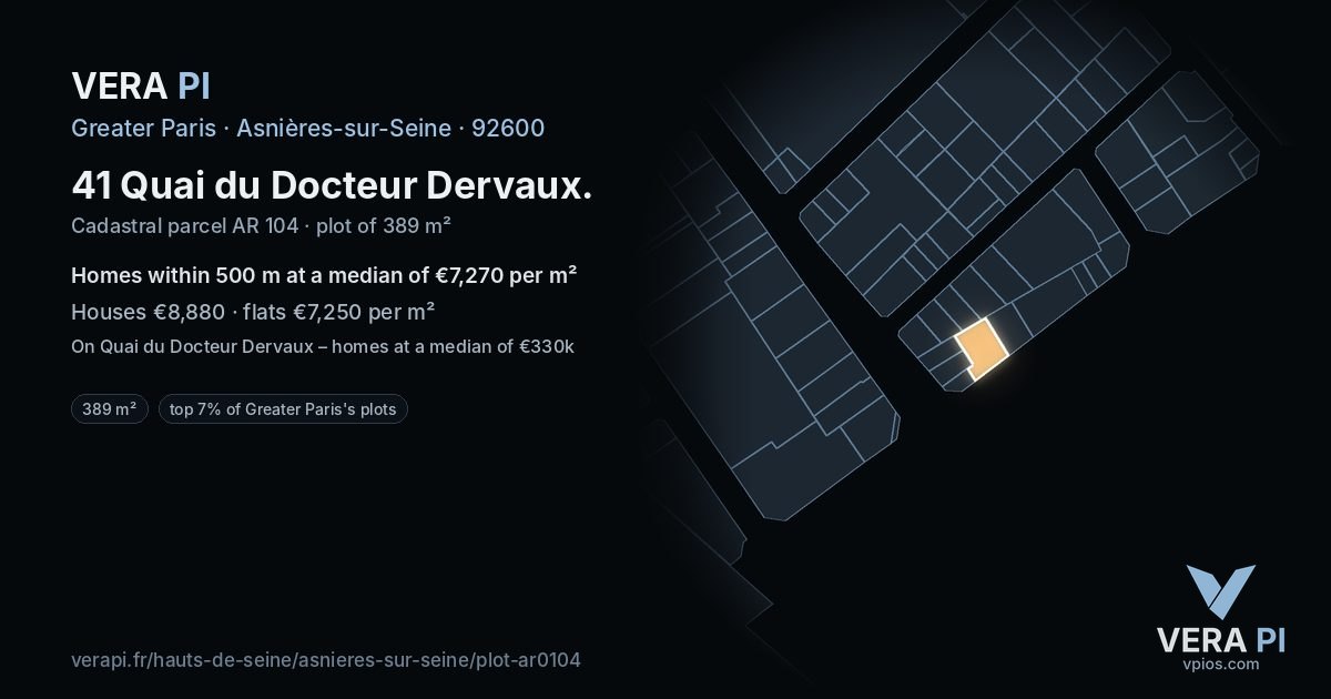 41 Quai du Docteur Dervaux, Asnières-sur-Seine at night – the plot lit, the parcels around coloured by the prices near them