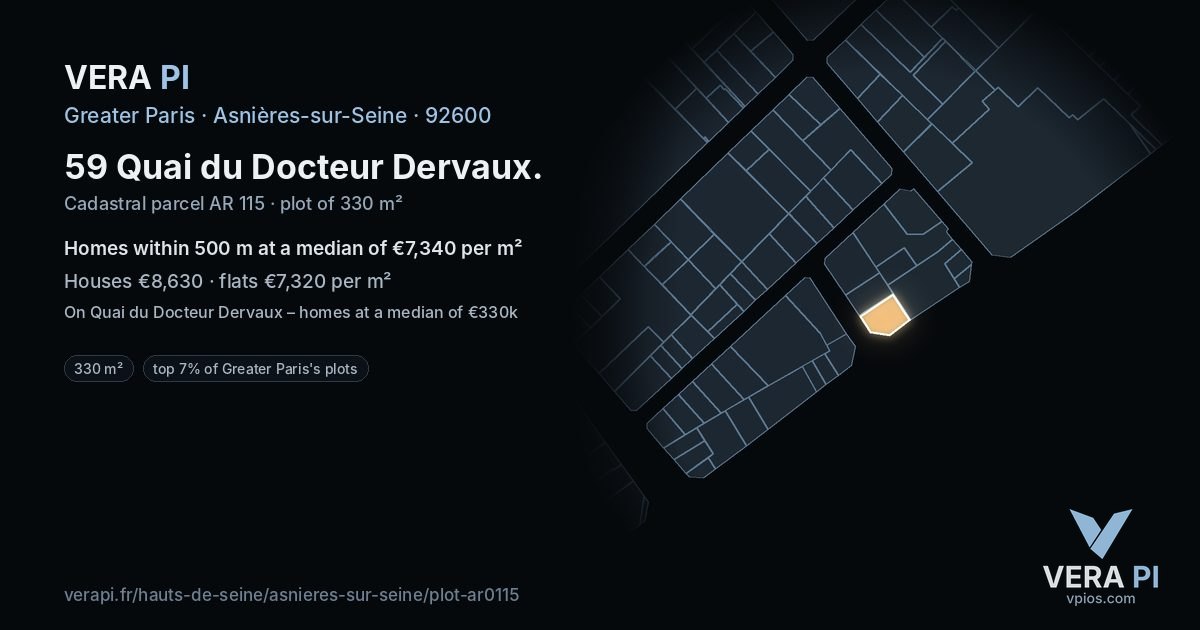 59 Quai du Docteur Dervaux, Asnières-sur-Seine at night – the plot lit, the parcels around coloured by the prices near them
