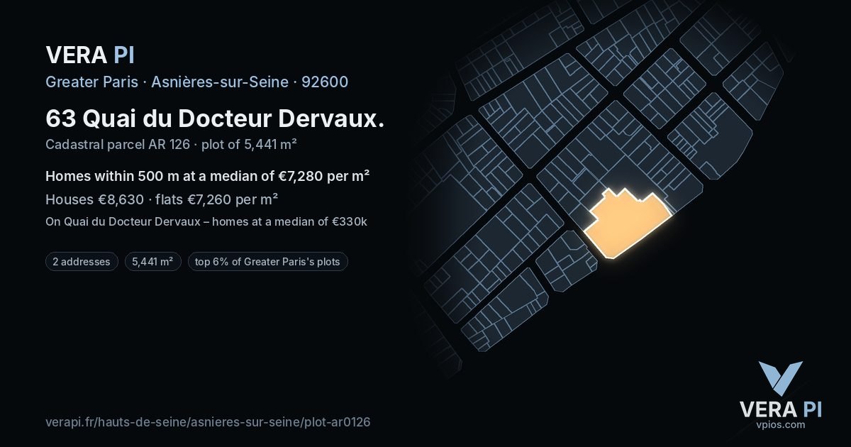 63 Quai du Docteur Dervaux, Asnières-sur-Seine at night – the plot lit, the parcels around coloured by the prices near them