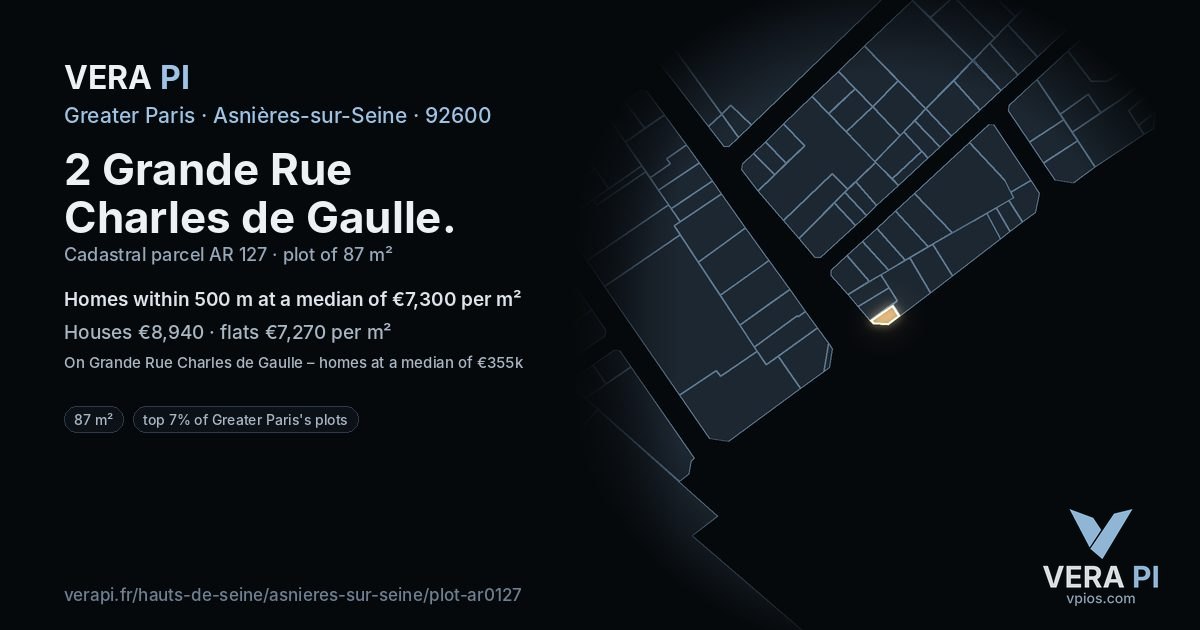 2 Grande Rue Charles de Gaulle, Asnières-sur-Seine at night – the plot lit, the parcels around coloured by the prices near them