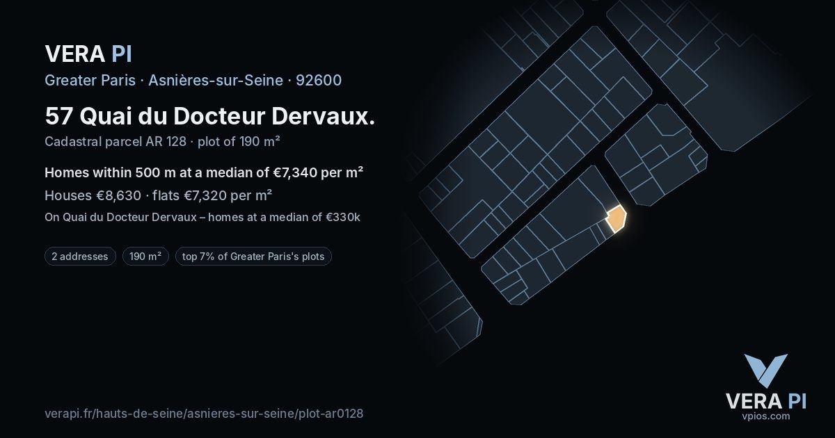 57 Quai du Docteur Dervaux, Asnières-sur-Seine at night – the plot lit, the parcels around coloured by the prices near them