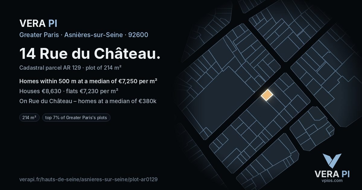 14 Rue du Château, Asnières-sur-Seine at night – the plot lit, the parcels around coloured by the prices near them