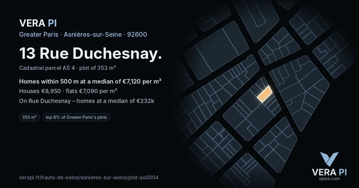 13 Rue Duchesnay, Asnières-sur-Seine at night – the plot lit, the parcels around coloured by the prices near them