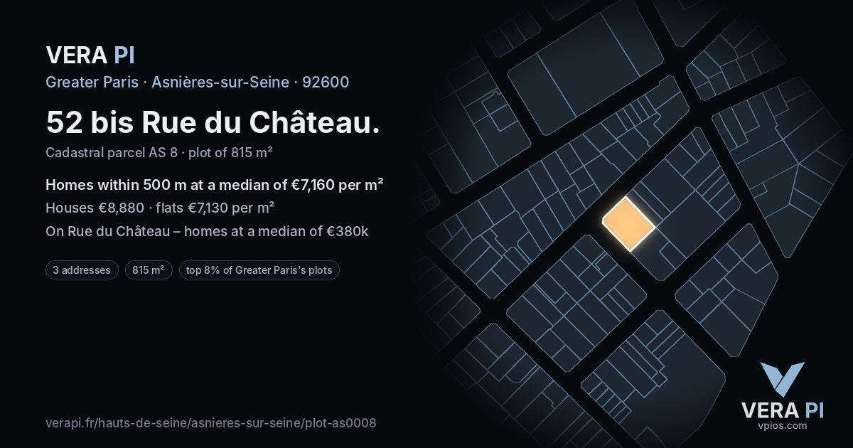52 bis Rue du Château, Asnières-sur-Seine at night – the plot lit, the parcels around coloured by the prices near them