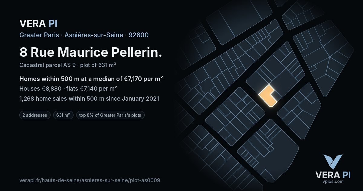 8 Rue Maurice Pellerin, Asnières-sur-Seine at night – the plot lit, the parcels around coloured by the prices near them