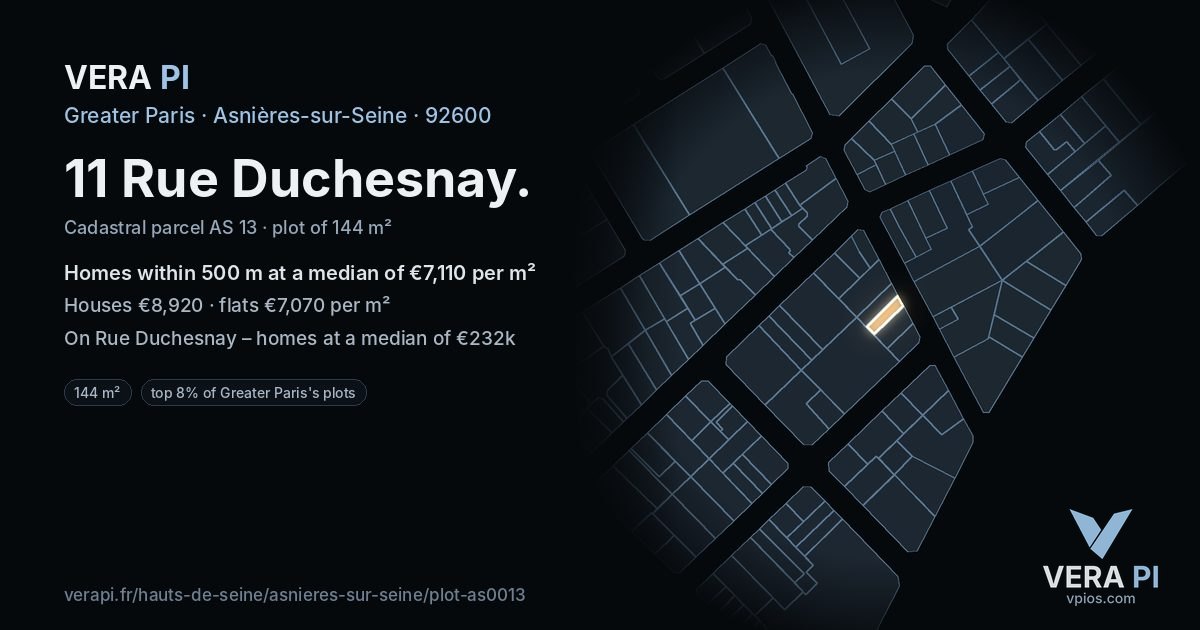 11 Rue Duchesnay, Asnières-sur-Seine at night – the plot lit, the parcels around coloured by the prices near them