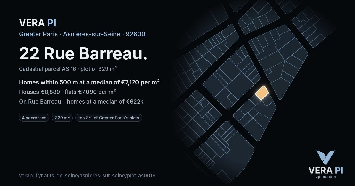 22 Rue Barreau, Asnières-sur-Seine at night – the plot lit, the parcels around coloured by the prices near them