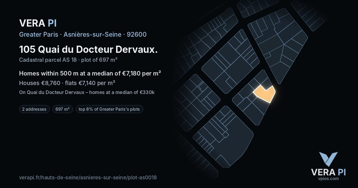 105 Quai du Docteur Dervaux, Asnières-sur-Seine at night – the plot lit, the parcels around coloured by the prices near them