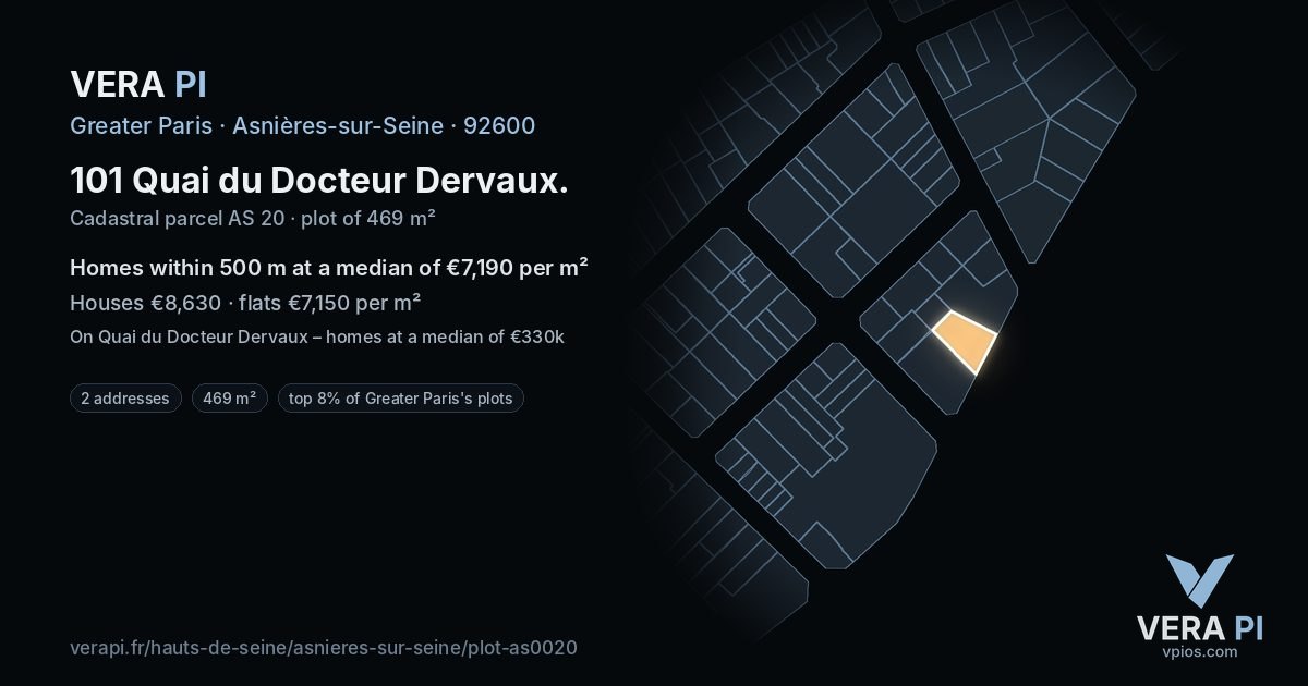 101 Quai du Docteur Dervaux, Asnières-sur-Seine at night – the plot lit, the parcels around coloured by the prices near them