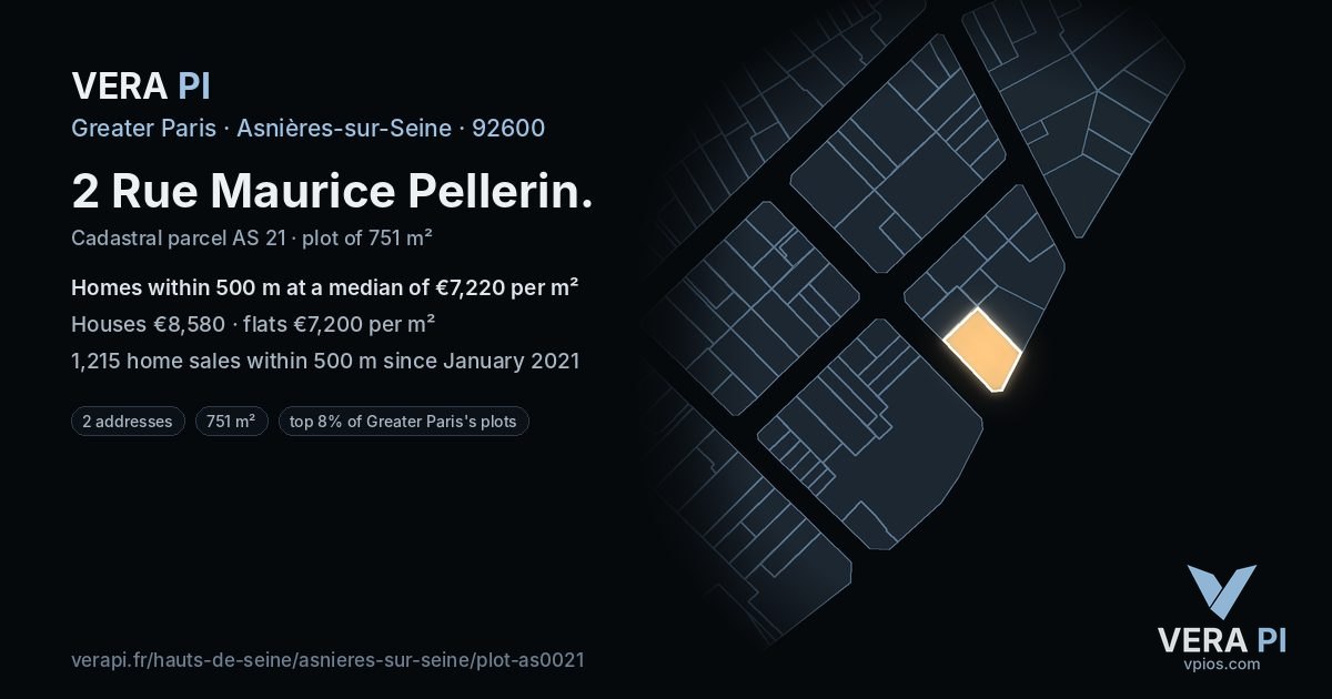 2 Rue Maurice Pellerin, Asnières-sur-Seine at night – the plot lit, the parcels around coloured by the prices near them
