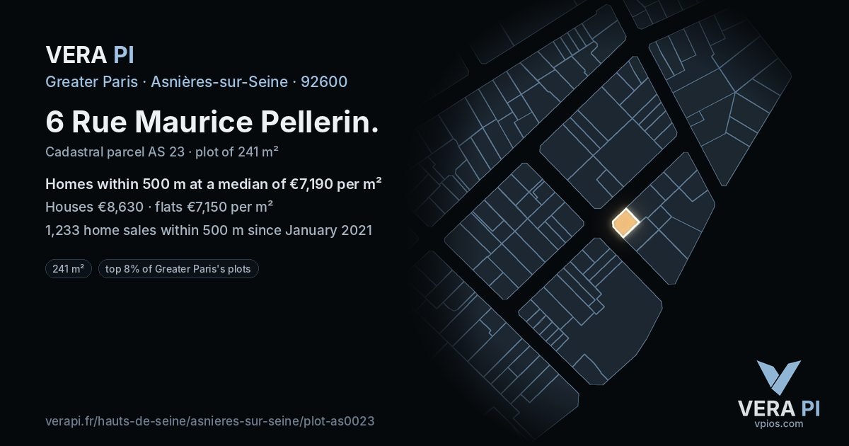 6 Rue Maurice Pellerin, Asnières-sur-Seine at night – the plot lit, the parcels around coloured by the prices near them