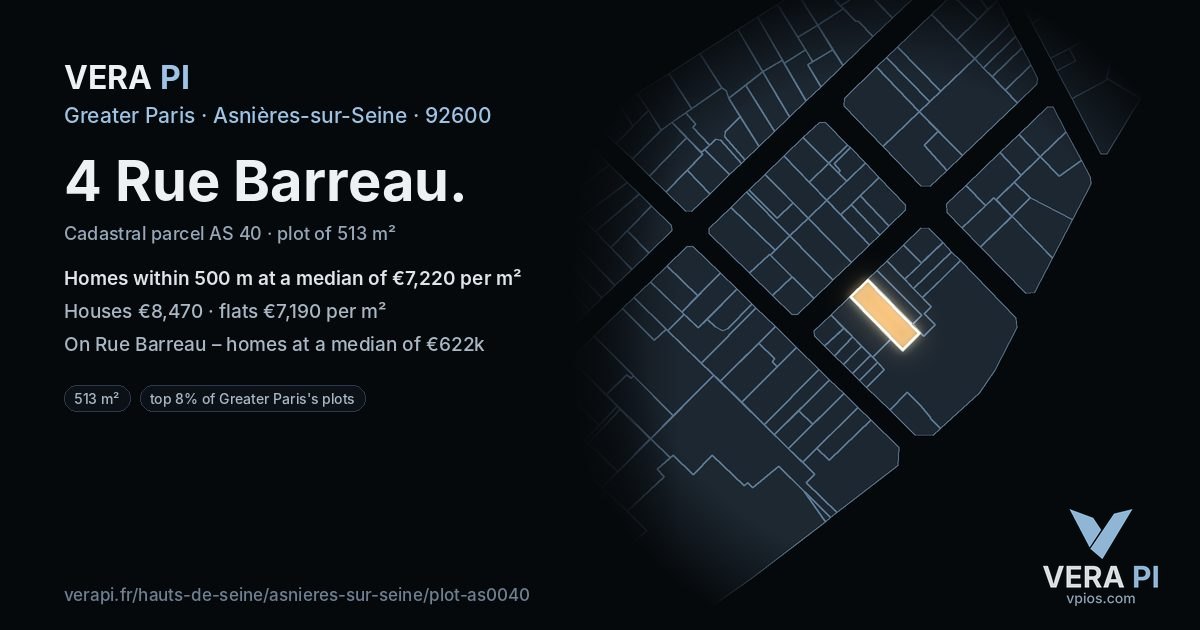 4 Rue Barreau, Asnières-sur-Seine at night – the plot lit, the parcels around coloured by the prices near them