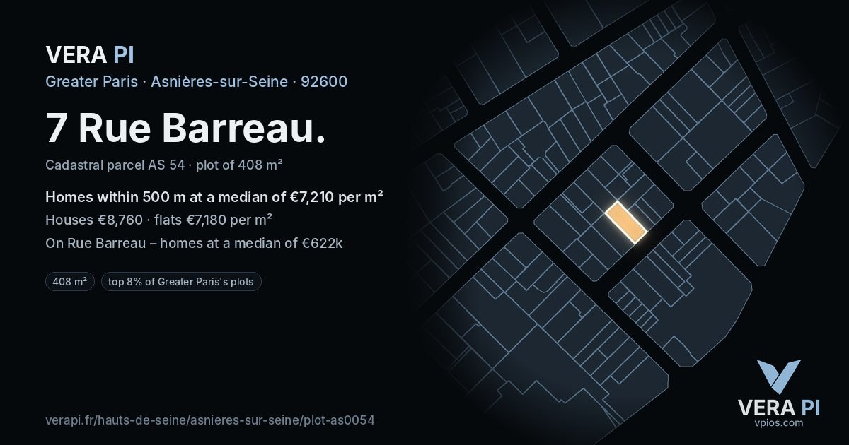 7 Rue Barreau, Asnières-sur-Seine at night – the plot lit, the parcels around coloured by the prices near them