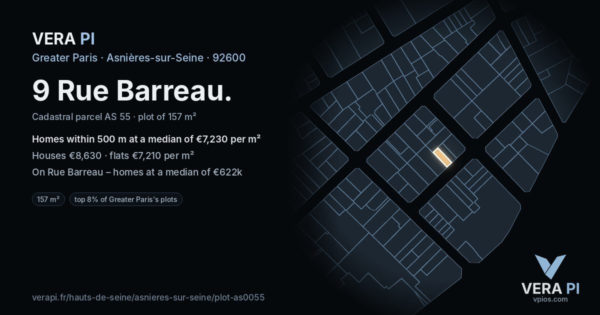 9 Rue Barreau, Asnières-sur-Seine at night – the plot lit, the parcels around coloured by the prices near them