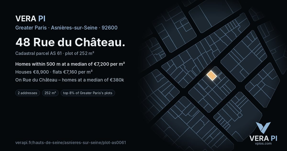 48 Rue du Château, Asnières-sur-Seine at night – the plot lit, the parcels around coloured by the prices near them
