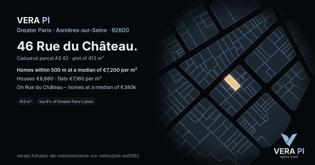 46 Rue du Château, Asnières-sur-Seine at night – the plot lit, the parcels around coloured by the prices near them