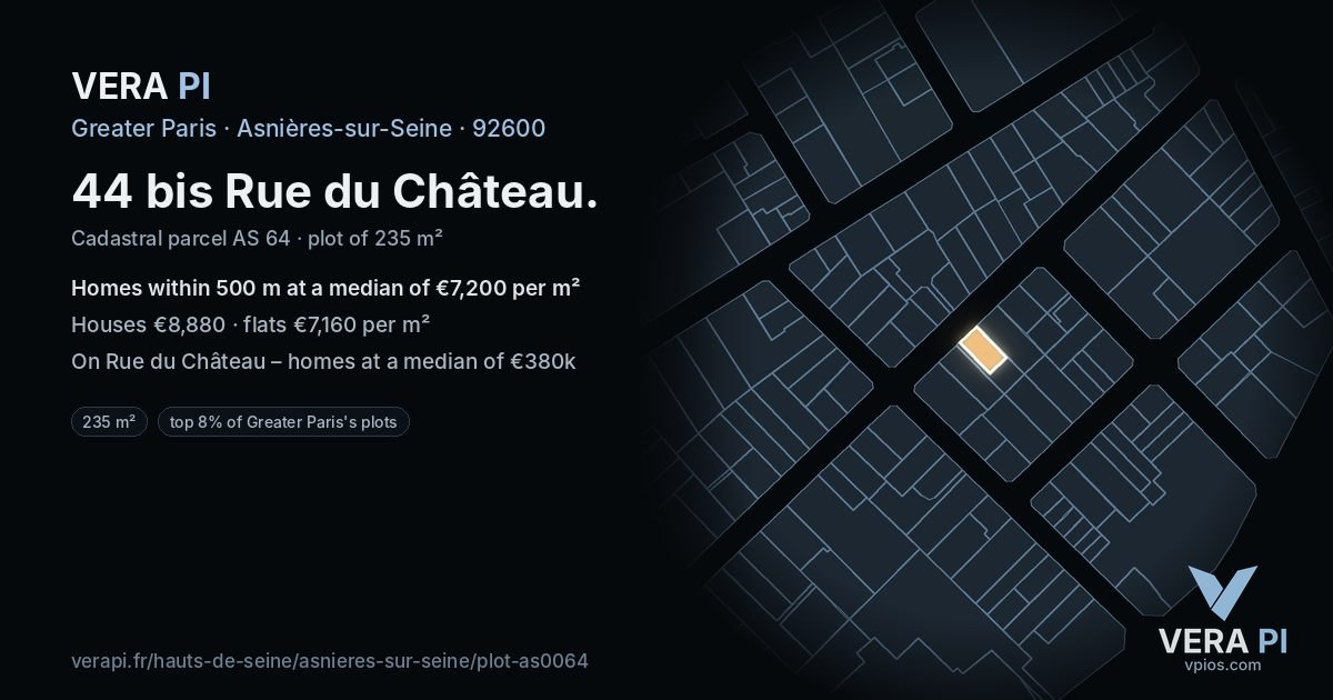 44 bis Rue du Château, Asnières-sur-Seine at night – the plot lit, the parcels around coloured by the prices near them