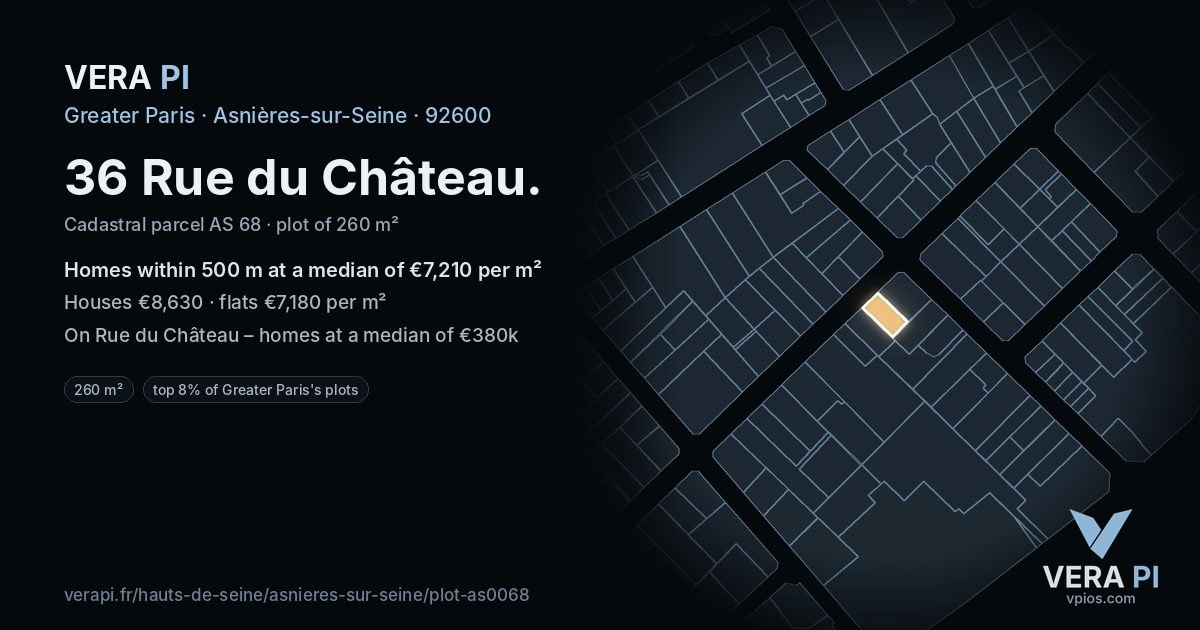 36 Rue du Château, Asnières-sur-Seine at night – the plot lit, the parcels around coloured by the prices near them