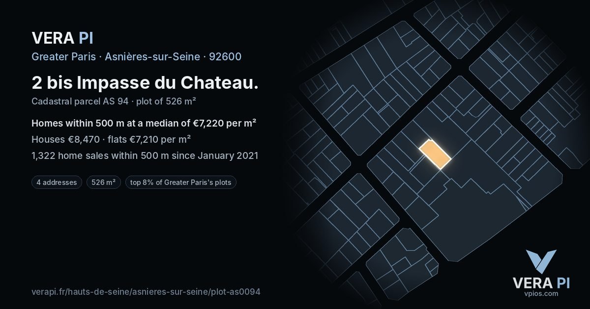 2 bis Impasse du Chateau, Asnières-sur-Seine at night – the plot lit, the parcels around coloured by the prices near them