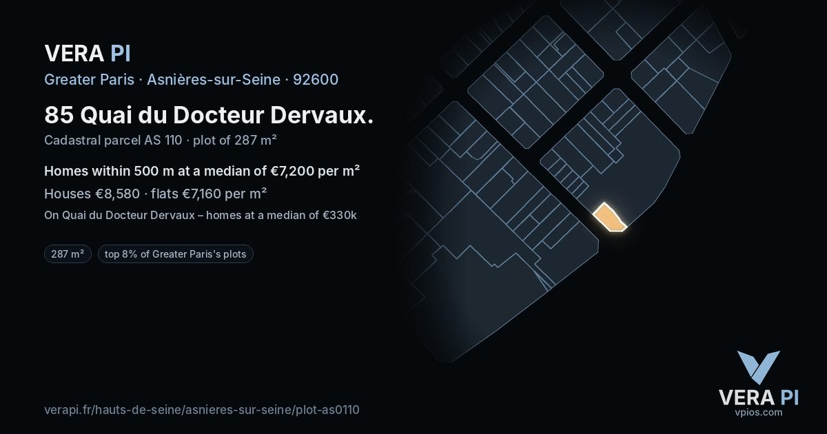 85 Quai du Docteur Dervaux, Asnières-sur-Seine at night – the plot lit, the parcels around coloured by the prices near them