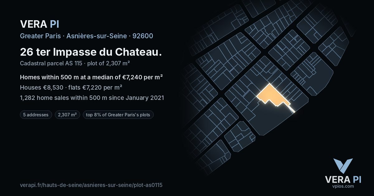 26 ter Impasse du Chateau, Asnières-sur-Seine at night – the plot lit, the parcels around coloured by the prices near them
