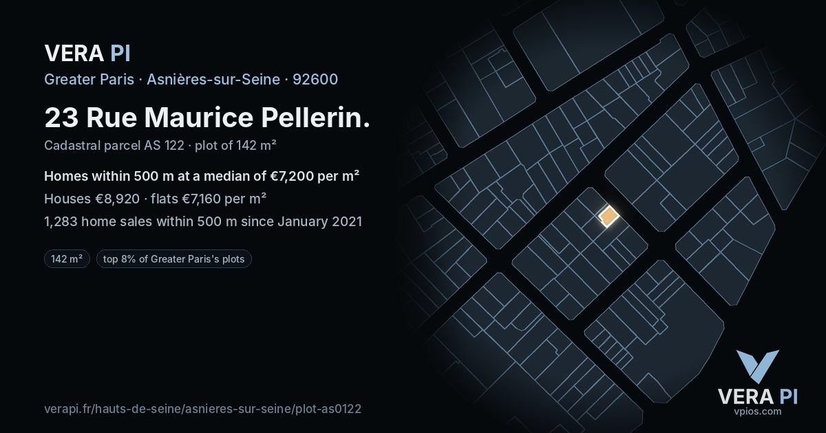 23 Rue Maurice Pellerin, Asnières-sur-Seine at night – the plot lit, the parcels around coloured by the prices near them