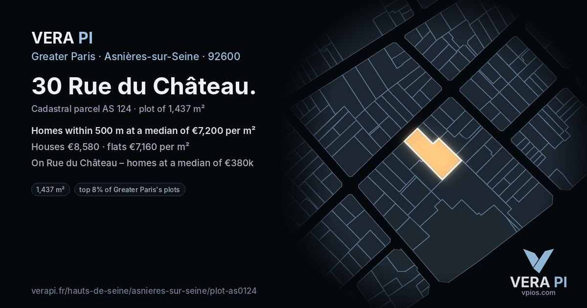 30 Rue du Château, Asnières-sur-Seine at night – the plot lit, the parcels around coloured by the prices near them