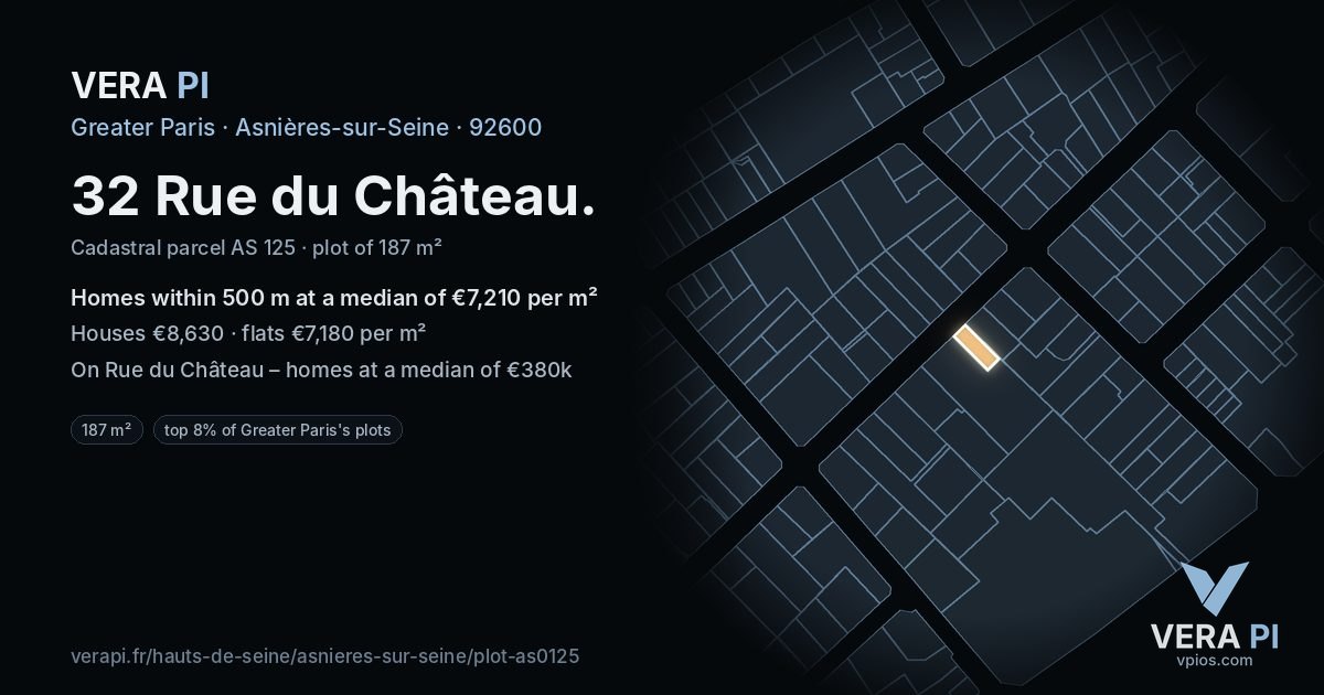 32 Rue du Château, Asnières-sur-Seine at night – the plot lit, the parcels around coloured by the prices near them