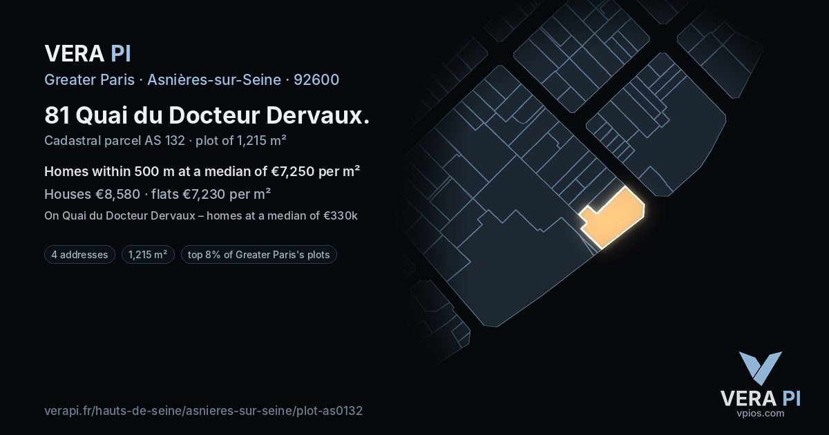81 Quai du Docteur Dervaux, Asnières-sur-Seine at night – the plot lit, the parcels around coloured by the prices near them