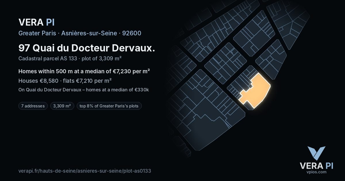 97 Quai du Docteur Dervaux, Asnières-sur-Seine at night – the plot lit, the parcels around coloured by the prices near them