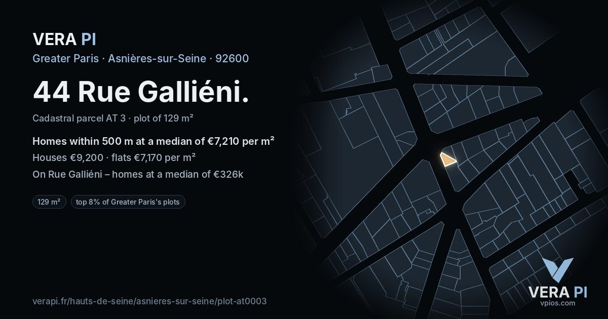 44 Rue Galliéni, Asnières-sur-Seine at night – the plot lit, the parcels around coloured by the prices near them