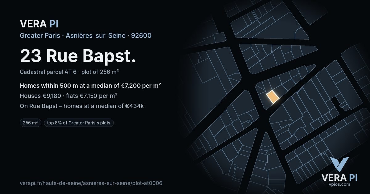 23 Rue Bapst, Asnières-sur-Seine at night – the plot lit, the parcels around coloured by the prices near them