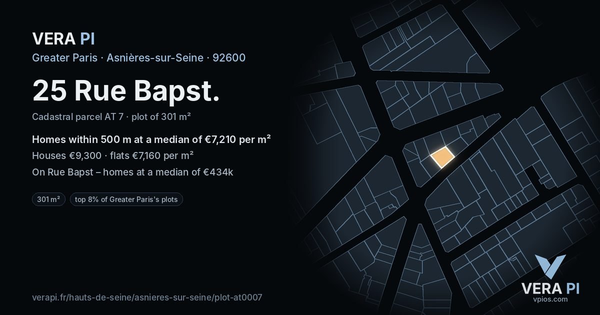 25 Rue Bapst, Asnières-sur-Seine at night – the plot lit, the parcels around coloured by the prices near them
