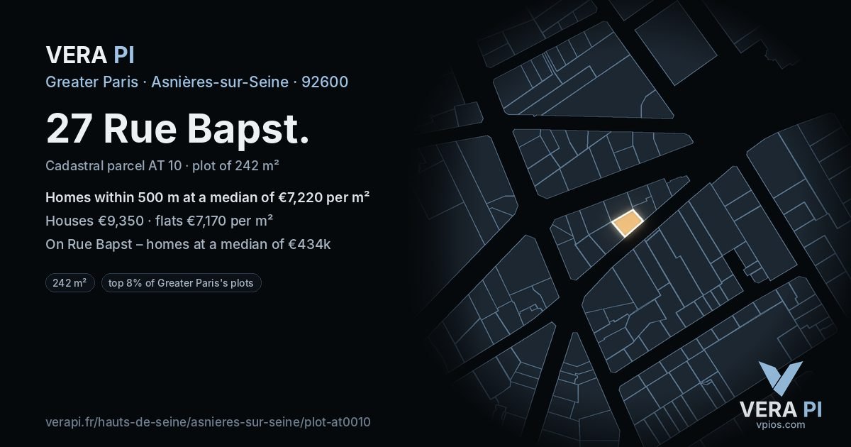 27 Rue Bapst, Asnières-sur-Seine at night – the plot lit, the parcels around coloured by the prices near them