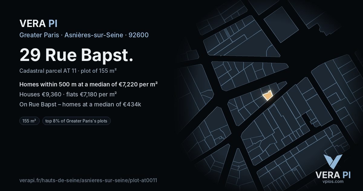 29 Rue Bapst, Asnières-sur-Seine at night – the plot lit, the parcels around coloured by the prices near them