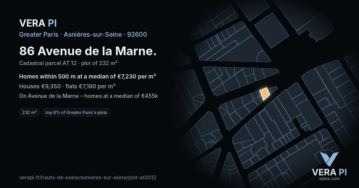 86 Avenue de la Marne, Asnières-sur-Seine at night – the plot lit, the parcels around coloured by the prices near them